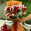 دسته گل رز قرمز و لیلیوم صورتی شایا