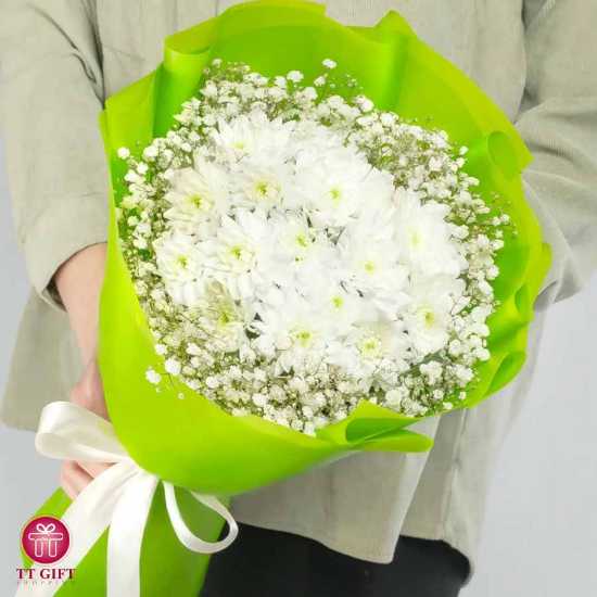 دسته گل داوودی سفید و ژیپسوفیلا ارزان رویا