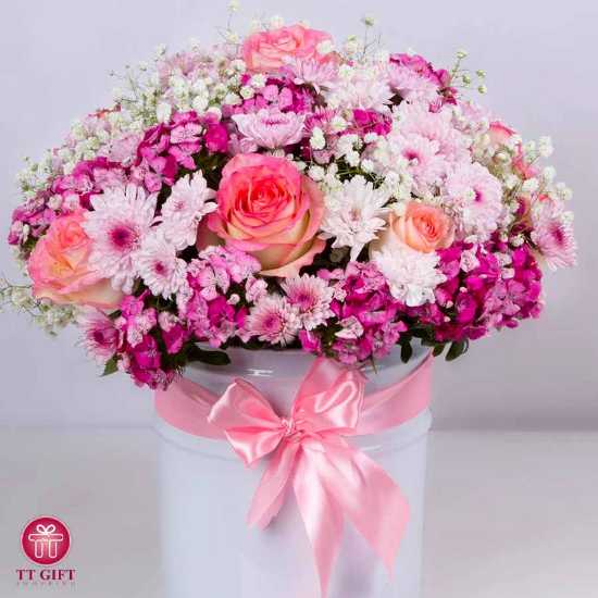 باکس گل رز و داوودی صورتی آروشا
