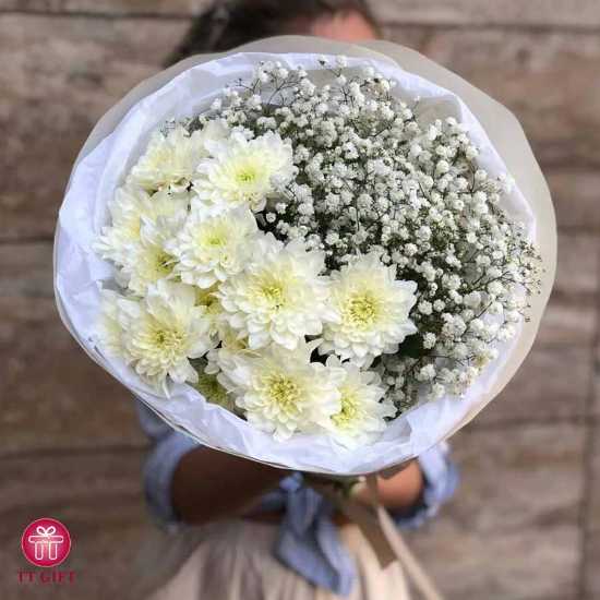 دسته گل ارزان داوودی سفید و ژیپسوفیلا صنم