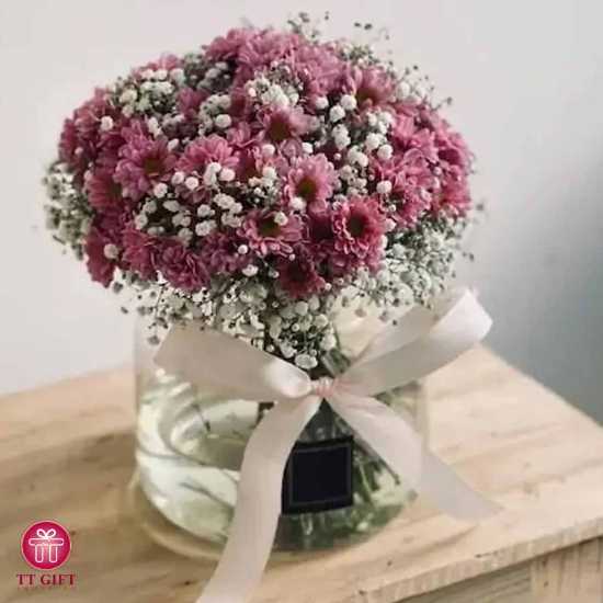 گلدان گل داوودی صورتی و ژیپسوفیلا ارزان برای تولد