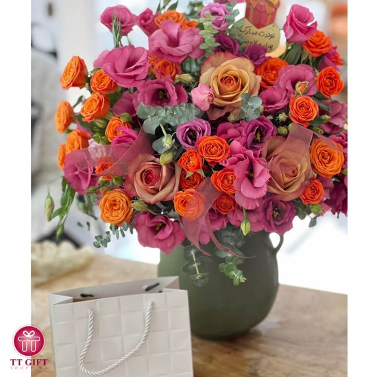 گلدان گل رز مینیاتوری نارنجی پاییزه حوری