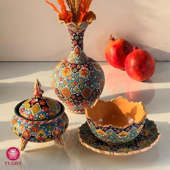 پکیج شکلات خوری و کاسه و گلدان مینا کاری