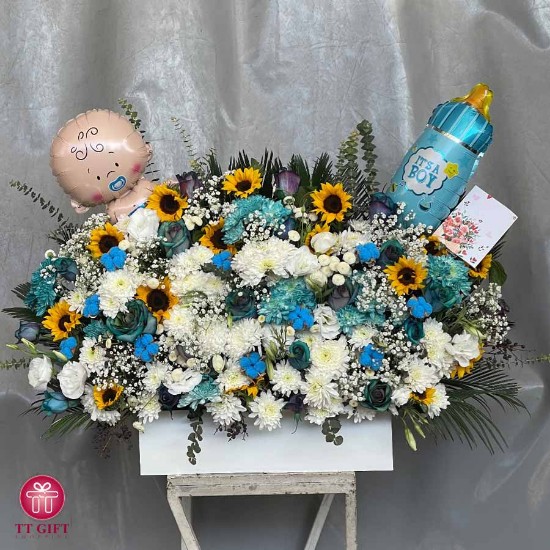 باکس گل آفتابگردان رز و داوودی سفید بارمان