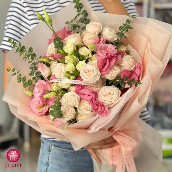 Picture of Sania Pink and White Miniature Rose Bouquet