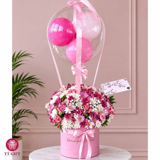 Picture of White and Pink Chrysanthemum and Lisianthus Flower Box with Balloon